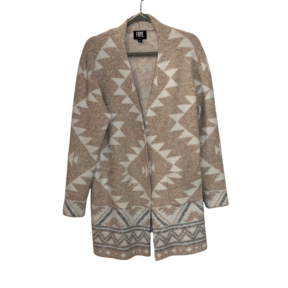 Frye Womens XL Aztec Western Bohemian Open Front Longline Cardigan Sweater Tan